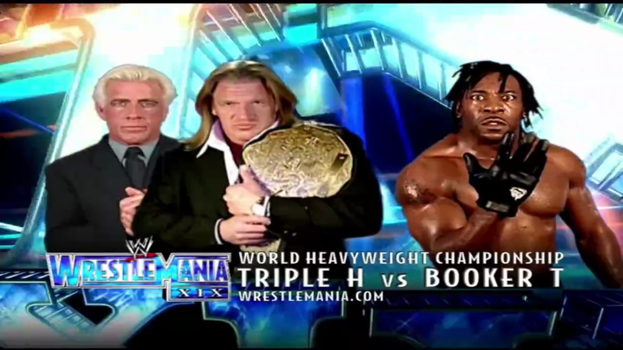 Triple H w/ Ric Flair vs Booker T - World Heavyweight Championship Match - WrestleMania 19 30/3/03
