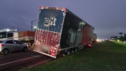 Caminhão ‘escorrega’ no acostamento e despenca em canaleta na BR-277