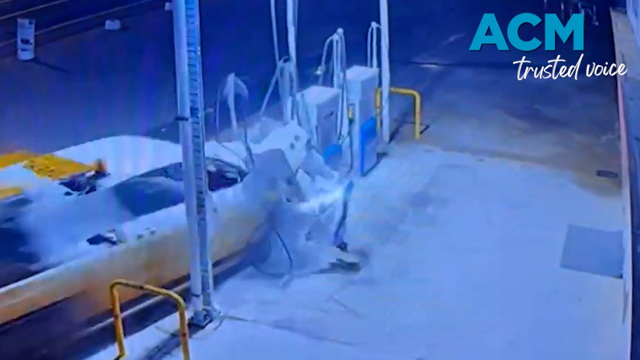 CCTV captures fiery moment an allegedly stolen car smashes into fuel pump at high speed