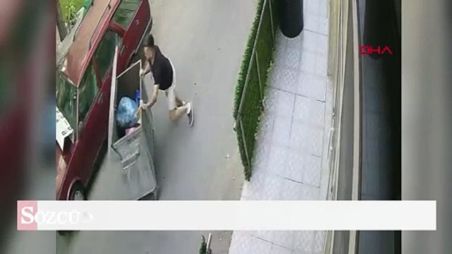Yokuş aşağı hareket eden çöp konteynerini durdurdu; o anlar kamerada