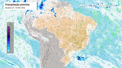 Quarta, 27 de agosto: Nebulosidade e precipitação prevista sobre o Brasil entre quarta (27) e sexta-feira (29).
