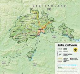 Map of Schaffhausen Canton. Peta Kanton Schaffhausen. Schaffhausen Canton Map. Map of Canton of Schaffhausen. Canton of Schaffhausen Map. Carte du canton de Schaffhouse. Karte des Kantons Schaffhausen. Mappa del cantone di Sciaffusa. Mapa kantonu Szafuza