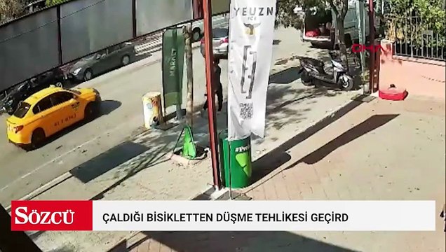 Çaldığı bisikletten düşme tehlikesi geçirdi; o anlar kamerada