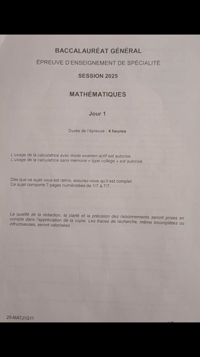 Sujet Bac de Maths Centres étrangers Jour 1 2025 tombé le 12/06/25#bac #bac2025 #spemaths #terminale