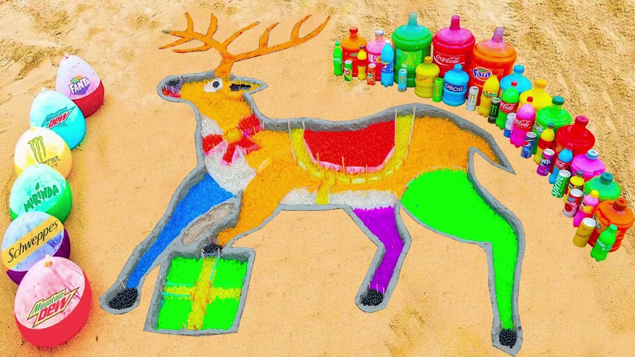 How to make Rainbow Christmas Reindeer with Orbeez, Balloons of Coca-Cola, Mirinda, Sprite vs Mentos