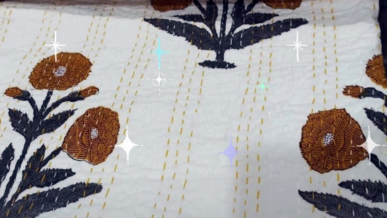 Handmade Cotton Kantha Quilt Hand Block Print King Size Bedspread Blanket Floral