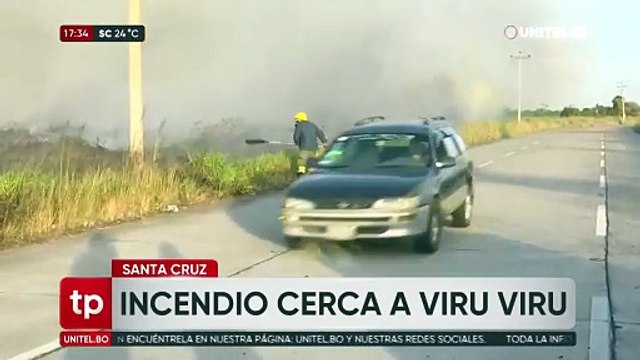 Reportan incendio en la zona de Viru Viru y el viento amenaza la labor de los bomberos