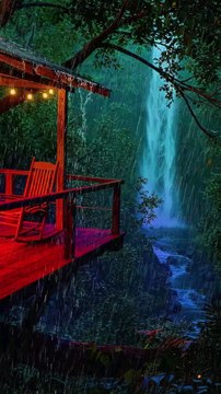 Treehouse with Waterfall View, Red Deck, Rocking Chair, and Warm String Lights in Ethereal Blue-Green Ambience.#short#shorts#shortvideo#reelit #reelfacebook #viral#trending#resort