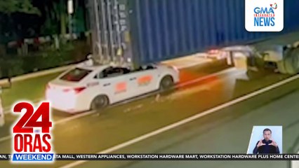 Taxi, nayupi ang bubong matapos madaganan ng container ng truck; taxi driver, ligtas | 24 Oras Weekend