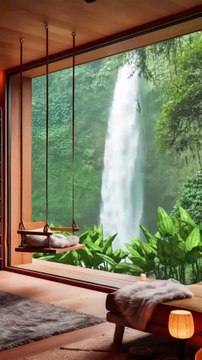 Tranquil Resort Room with Swing and Bookshelf Overlooking Misty Waterfall and Lush Tropical Greenery Through Large Scenic Window.#short#shorts#shortvideo#reelit #reelfacebook #viral#trending#resort#room#home#house#bedroomoasis#lounge