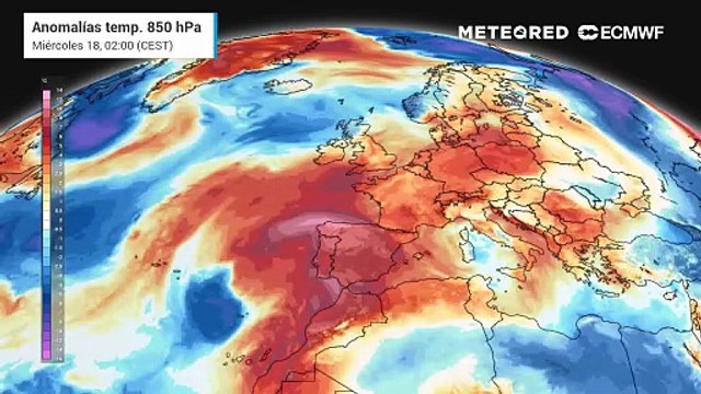 Las anomalía de temperatura a 850 hPa siguen siendo muy altas. Esto se traduce en calor a nivel superficial que nos acompañará durante toda la semana