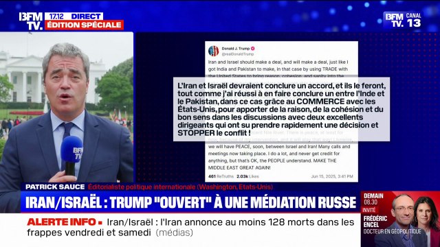 Conflit Israël-Iran: Donald Trump se dit ouvert à une médiation de Vladimir Poutine