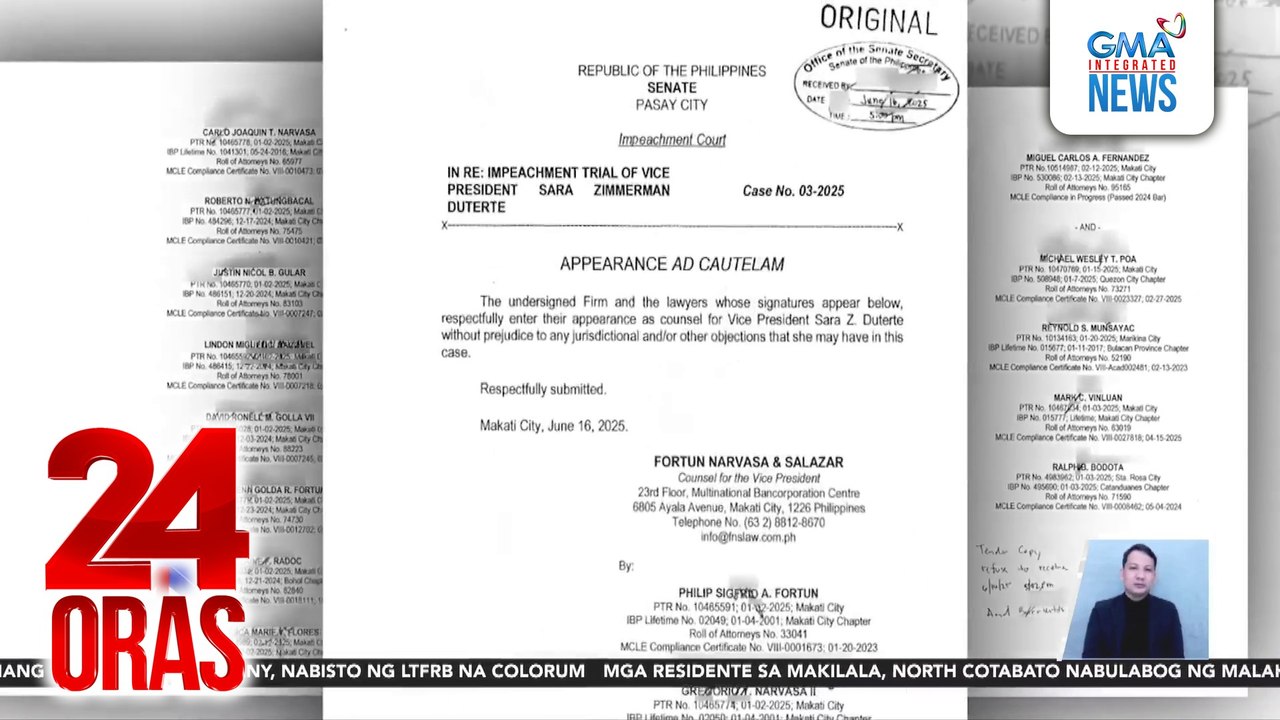 Senate Impeachment Court, natanggap na ang listahan ng mga abugadong tatayo bilang defense counsel ni VP Duterte | 24 Oras