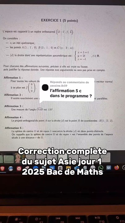 Corrigé complet du sujet Asie jour 1.#bac #bac2025 #corrige #correction #terminale #spemaths