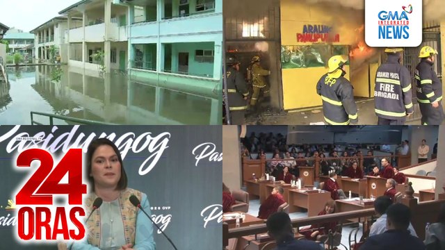 24 Oras: (Part 1) Baha sa paaralan, kawalan ng tubig, at iba pang problema sa unang araw ng eskwela; VPSD: kung may ipapa-inhibit na senator-judge, dapat lahat ng pabor at kontra; lisensya ng taxi driver na nanaga ng pamasahe,..., atbp.