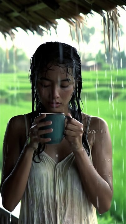 Beautiful atmosphere in a remote village during heavy rain