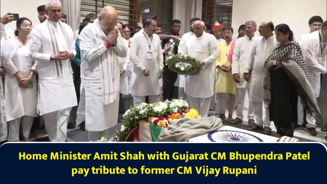 Home Minister Amit Shah with Gujarat CM Bhupendra Patel pay tribute to former CM Vijay Rupani