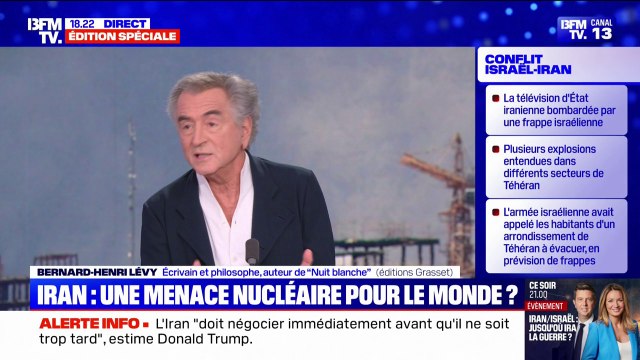 Conflit Iran-Israël: Tous les hommes et femmes libres du monde devraient dire merci à Israël , réagit Bernard-Henri Lévy, écrivain et philosophe, auteur de Nuit blanche (éditions Grasset)