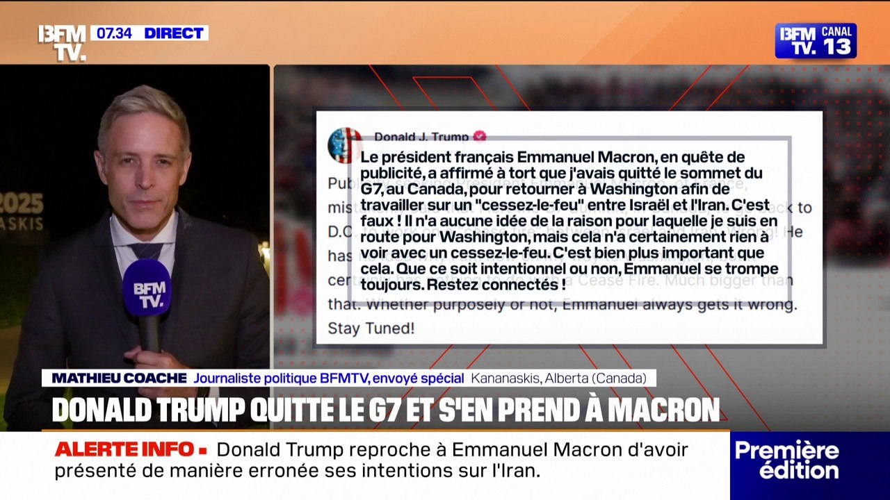 "Emmanuel [Macron] se trompe toujours": Donald Trump dément avoir quitté le G7 pour travailler sur un cessez-le-feu entre Israël et l'Iran