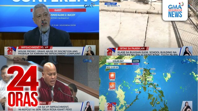 24 Oras: (Part 2) AI video kontra sa VP impeachment, ni-repost ni Sen. Dela Rosa kahit peke; klase sa Buhisan Elem. School building na nakitaan ng malalaking bitak, tuloy pa rin; LPA sa loob ng PAR, magpapa-ulan sa ilang bahagi ng bansa, atbp.