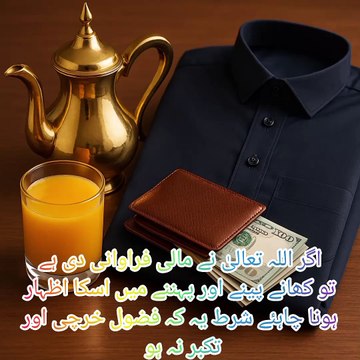 اگر اللہ تعالیٰ نے مالی فراوانی دی ہے تو کھانے پینے اور پہننے میں اسکا اظہار ہونا چاہئے شرط یہ کہ فضول خرچی اور تکبر نہ ہو