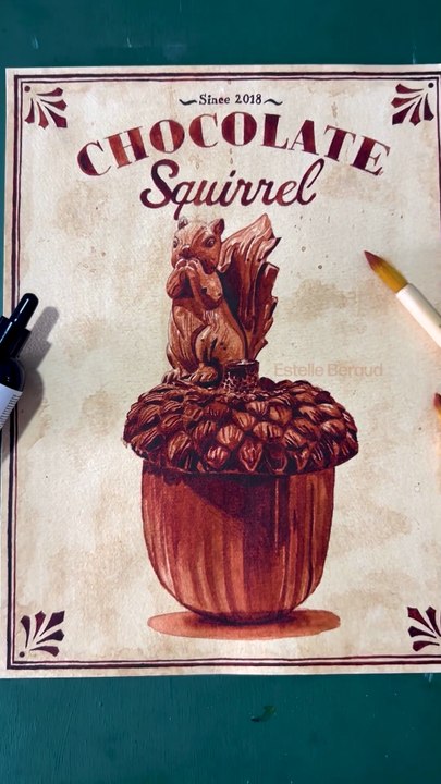 Écureuil en chocolat réalisé avec l’encre aquarelle #aquarelle #chocolat #watercolor #ink #dessin #drawing
