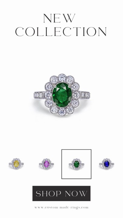 1201 custom made vintage inspired emerald and diamond floral halo engagement rings