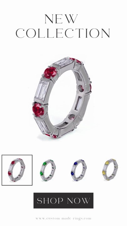 58 custom made unique stackable alternating round emerald & baguette diamond eternity ring