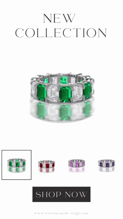237 custom made unique stackable alternating emerald cut emerald & diamond eternity band ring