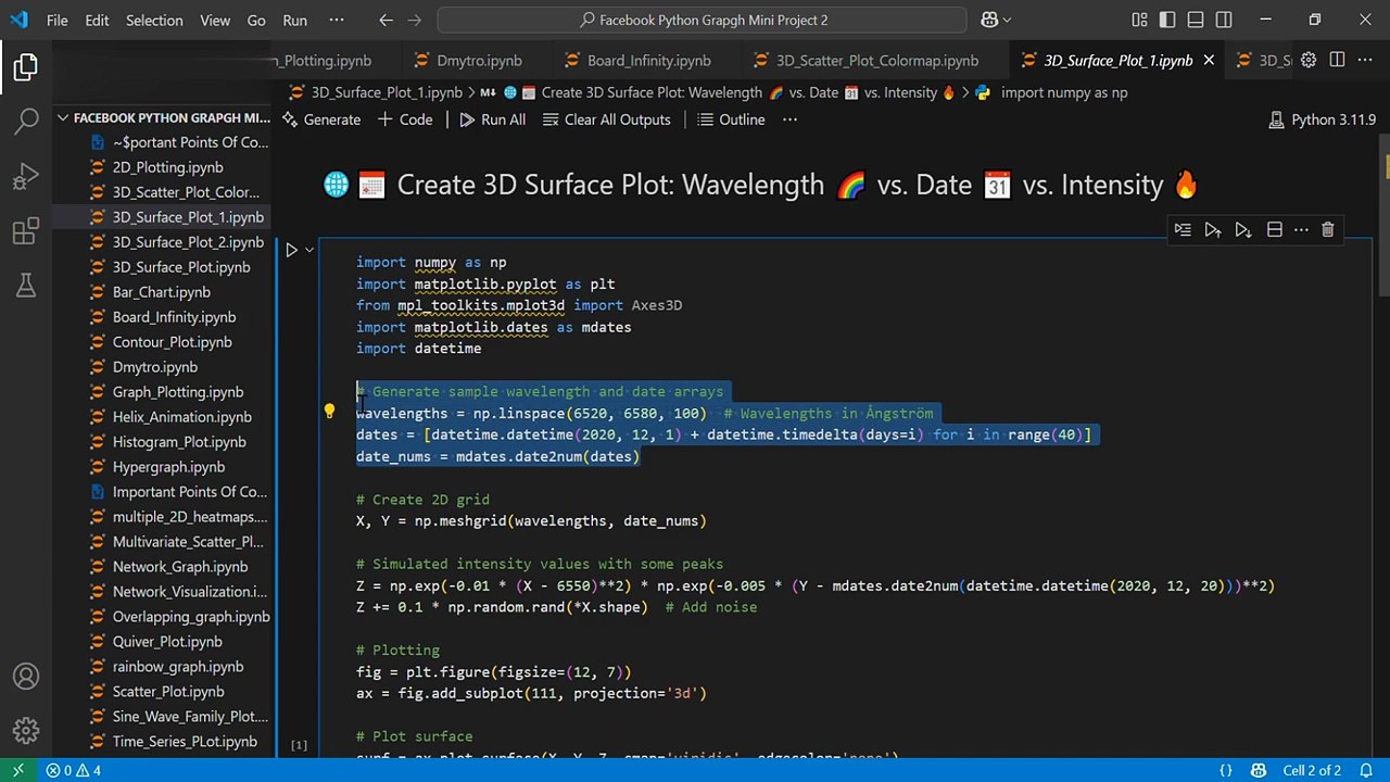 🌐📅 Create 3D Surface Plot: Wavelength 🌈 vs. Date 📆 vs. Intensity 🔥
