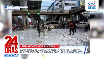 Ilang timba at kahon ng puting pintura, natapon sa intersection ng Aurora Blvd. at G. Araneta Ave. | 24 Oras Weekend