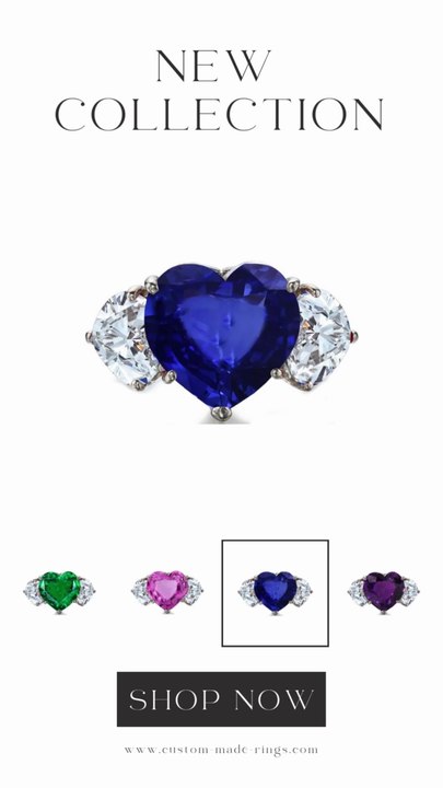 527 custom made unique heart sapphire & heart diamond accent three stone engagement ring