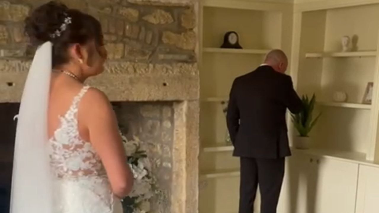Father gets overwhelmed with emotion upon seeing daughter in her wedding dress for the first time