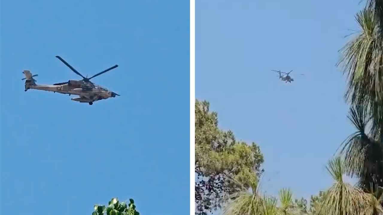 Israëlische Apache-helikopter achtervolgt Shahed-136 kamikazedrone boven Israël