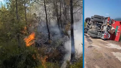 Adana’da orman yangınına müdahale sürüyor: Bölgeye giden arazöz devrildi; 2 yaralı