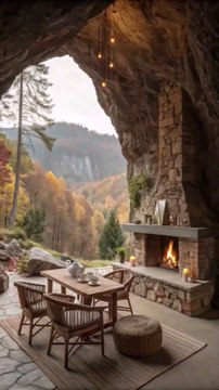 Cave Dining Escape with Fireplace and Scenic Autumn Views in a Tranquil Mountain Forest Hideaway.#short#shorts#shortvideo#reelit #reelfacebook #viral#trending#resort#room#home#house#bedroomoasis#lounge#courtyard#terrace#raining