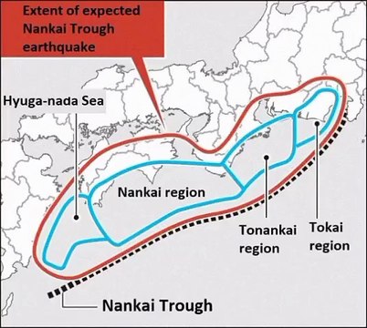 南海海槽地震预期延伸. Extend of expected Nankai Trough earthquake. Hyuga-Nada Sea. Nankai Region, Tonankai Region, Tokai Region. Luas gempa Palung Nankai yang diperkirakan. Laut Hyuga-Nada. Wilayah Nankai, Wilayah Tonankai, Wilayah Tokai. 日向滩海。南海地区、东南海地区、东海地区