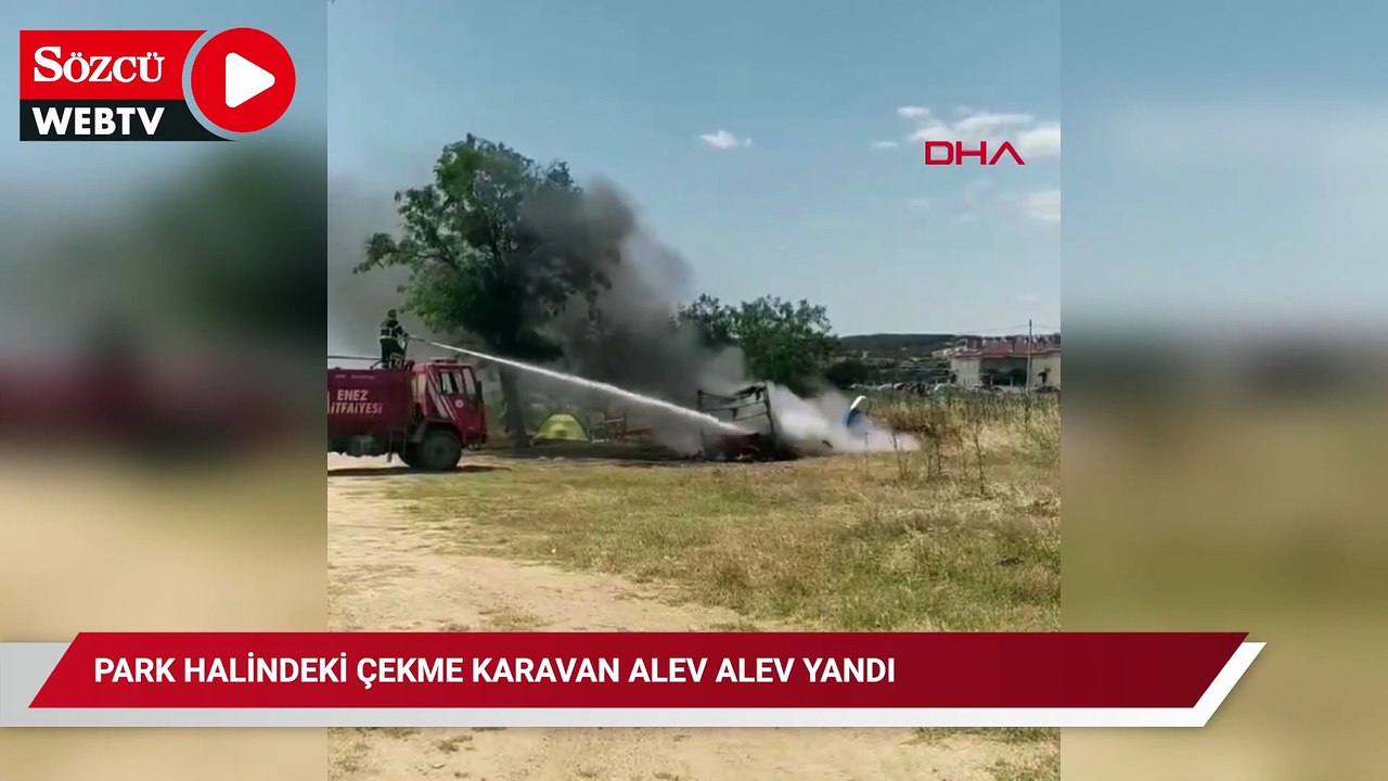 Saros'ta park halindeki çekme karavan alev alev yandı