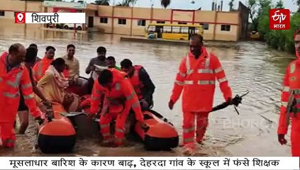 शिवपुरी जिले में मूसलाधार बारिश से हाहाकार, बाढ़ से घिरा स्कूल स्टाफ