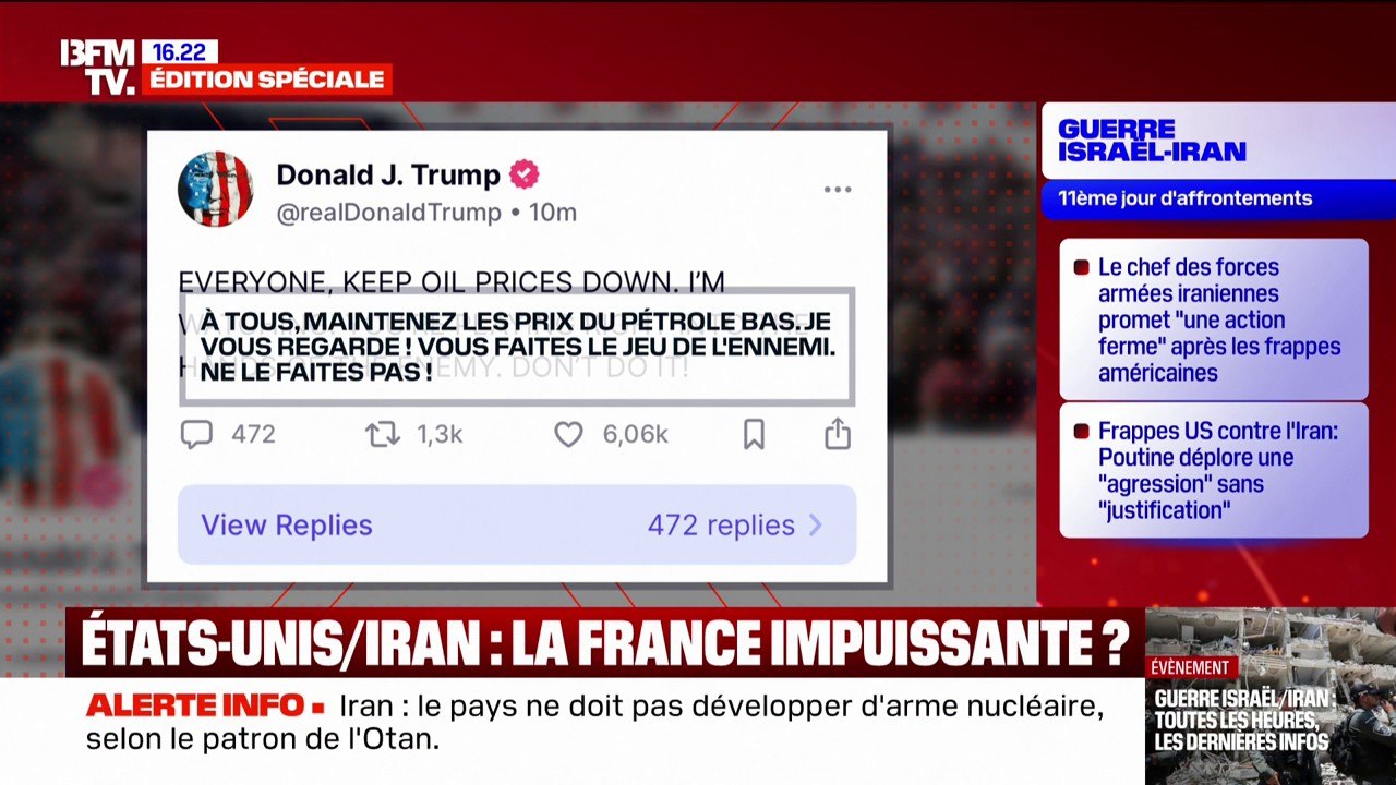Guerre Iran/Israël: "Vous faites le jeu de l'ennemi" avertit Donald Trump sur la hausse des cours du pétrole