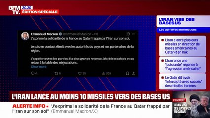 Bases américaines visées: "J'exprime la solidarité de la France au Qatar frappé par l'Iran sur son sol", réagit Emmanuel Macron