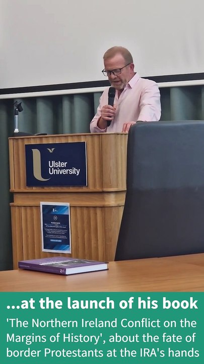 Ken Funston launching his book about the fate of border Protestants at the hands of the IRA, Ulster University, Belfast, June 23, 2025