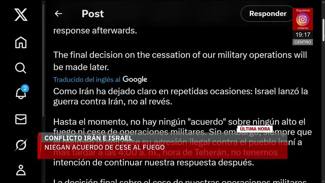 Irán niega acuerdo con Israel sobre alto al fuego anunciado por Trump