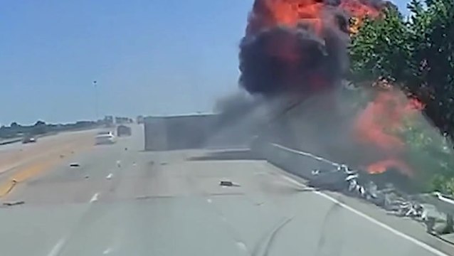 Dramatic moment semi-truck explodes after being struck by swerving driver - but, miraculously, no one was seriously injured