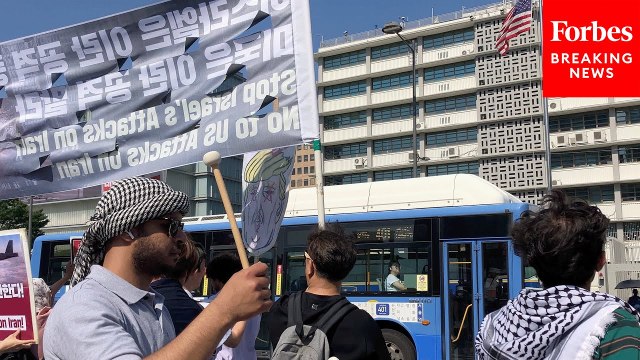 Protesters Rally Against Trump's Strikes On Iran Outside U.S. Embassy In Seoul, South Korea