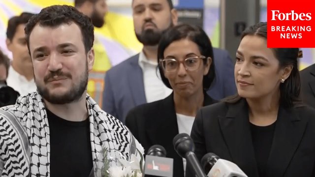 Mahmoud Khalil Holds Press Gaggle With AOC After Being Released From Immigration Detention