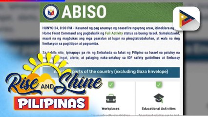 Israel, nagdeklara na ng full activity status ayon sa embahada ng Pilipinas; Mga Pilipino, pinayuhan na manatiling alerto