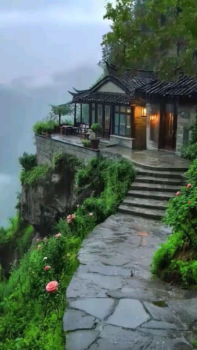 Cliffside Haven, resort, Misty Valley with Stone Path, Lush Greenery, and Serene Water Views Below.#short#shorts#shortvideo#reelit #reelfacebook #viralpost2025シ #escape#tranquility#followforfollowback