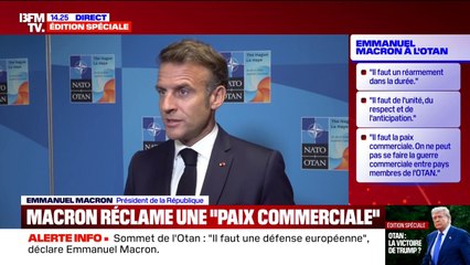 Sommet de l'Otan: "L'article 5 implique une solidarité entre tous les membres s'ils étaient agressés, il ne faut pas jeter le doute là-dessous", affirme Emmanuel Macron