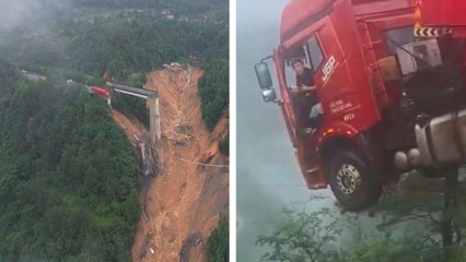 China: Un puente colapsa por inundaciones en Guizhou, dejando la cabina de un camión en el aire